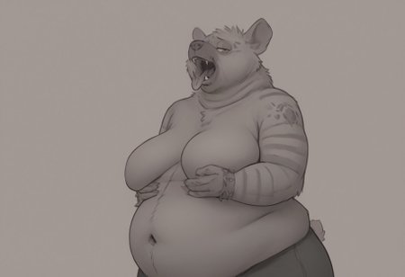 safe_pos, obese , feed,stuffing,stuffed,furry,  BadDream  sleeves, striped sleeves fingerless gloves,1girl, Fuck the world hair style,  Dark golden yellow hyena eyes, piercings in both ears, tattoos on shoulders and down one arm, spiked bracelet,  anthro, female, (sagging fat breasts "Swelling with near-overflowing brav"), (out of shape, weight gain), Fangs showing  mouth wide open,  tongue out, food, fat out of shape, heavy belly, larger midsection, excess fat accumulating around the  lower abdomen BREAK
Short upper body, macking shenz fat bodey get fat love handels , and fold of fat , with fat folded arms and soft shoulders,(((dubbel chin)))   BREAK  Animal ears, snout, purple lipstick and eyeshadow, black skirt, trashy stylish jeens, ript pants, black thick fur covering the hyenas bodey, grey fur on head and shoulders, short hyena tail, sharp teeth and claws.(masterpiece, best quality,  detailed, detailed fur, hi res, ), (8k, uhd, ultra-detailed, ), BREAK   (masterpiece, best quality,  detailed, detailed fur, hi res, ), (8k, uhd, ultra-detailed, ) weights [1], BREAK