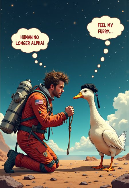 In the space station, near an interstellar vessel, Full body of An handsome Astronaut wearing ripped astronaut outfit with oxygen cylinder behind his back, messy hair blown back by the wind, he kneeling on the ground, his face facing to the ground, submitting to the duck in front of him, his wrist bounded by rope, 
BREAK, 
full body of super adorable cuteness overloads of a white duck with golden beak and claws wearing painter beret hat and diamond expert glasses, standing with arrogant expression in front of the Astronaut, its cute little red tongue sticking out, when it opens its beak while raising the leather whip high up, (a big thought bubble above the duck's head says "Feel My Furry! kwek..kwek.." and a big thought bubble above the astronaut head says "Human No Longer Alpha":2), (ensure the text perfectly correct and accurately written:1.3), aidmatextimprover,
BREAK
masterpiece, best quality, ultra-detailed, ultra realistic, 8k, RAW photo, perfect composition, perfect colors, colorful, clear photo, surreal, incredible lifelike, highest resolution, uncanny realism, immaculate micro-details, professional photography, analog photo, shot on Canon EOS 5D VI, Fujicolor Pro, radiant god rays, dreamy haze, Photographers collaboration by Oleg Oprisco and Tim Walker, shot from distant, distant shot, view from distance, view from distant, dynamic angles,