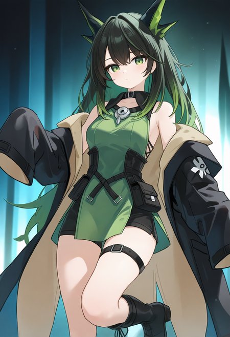 ,,<lora:Nonddu_Style_NBV1.safetensors:0.95:1>,<lora:äººç©è§è²\Mon3tr(ark)-Illus.safetensors:1:1>,Mon3tr,animal ears,long hair,black hair,multicolored hair,green hair,sidelocks,hair between eyes,bangs,green eyes,collar,bare shoulders,off shoulder,black collar,black coat,open coat,green dress,sleeveless dress,side slit dress,long sleeves,sleeves past fingers,medium breasts,black tunic,black shorts,thigh strap,knee boots,black footwear,,masterpiece,best quality,newest,absurdres,highres,very awa,detail background <lora:None:0.9500000000000002>