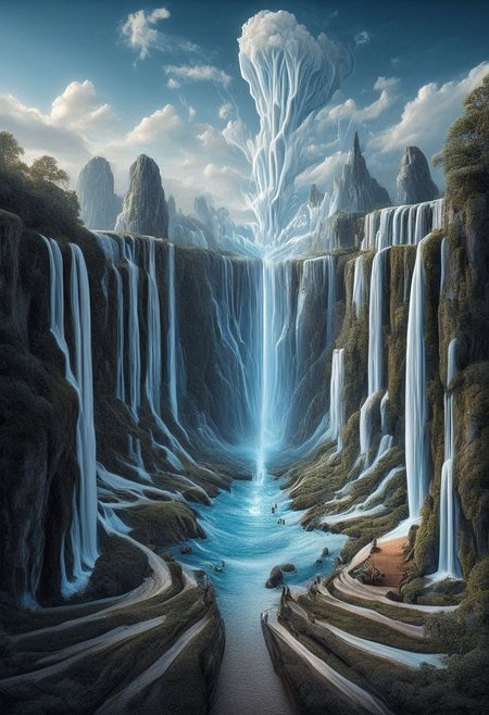 Create a hyper-realistic photographic image illustrating a surreal and imaginary scene that integrates elements of water. Picture a colossal waterfall cascading from the sky, merging with a tranquil ocean that has floating islands made of translucent crystals. The scene should blend the fluidity of water with otherworldly, dreamlike elements.