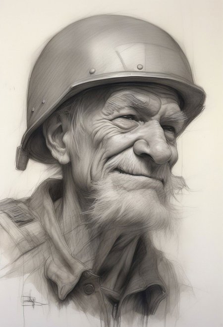Humorous drawing, Recruit soldier, Decrepit old man with a big nose in a helmet, vintage pencil painting full of detail, watercolor, artstation, intricate details, high detail, inspiration, authors: Henry Asencio, Craig Davison, Jenny Saville, Bernie Wrightson