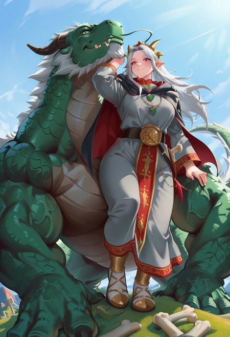 outdoor,core_9, score_8_up, score_7_up, anime_source,girl and dragon,(1 girl:1.5,white hair,long hair,gray luxurious robe,pendant with round jewelry,tiara) and,
(1 dragon,giant dragon,bone dragon),
A woman stands next to a bone dragon,The dragon is protecting her and she leans against its head,
<lora:tbh82-:1>,
masterpiece,best quality,super fine illustration,smile,(The background is a dense  cemetery:1.1),Limited Color Pallet,boneswm,dragon riding,