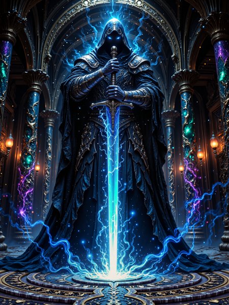 photorealistic masterwork digital painting, hyper-realistic, low-angle shot, from below, highly detailed, intricate, fractal, and iridescent, perfect hands, blade of cold blue fire, capturing the imposing figure of a towering, hooded lich clad in symmetrical ornate knight armor with a large billowing cape, his piercing two eyes glowing with bright blue fire, he holds a long, elegant, symmetrical flaming greatsword with both hands, one hand above the other, its thin blade forged from azure fire that emits an ominous, cold glow, the tip of the blade hits the gorund, causing a burst of magic blue fire, the scene is set in an ancient castle's shimmering opulent and luxurious marble grand hall, where magical vapors rise from the ground and swirl lazily throughout the room, dim, atmospheric lighting originates primarily from the glowing greatsword and the iridescent magical vapors, casting intricate shadows and enhancing the mysterious, otherworldly aura of the lich, the composition emphasizes dramatic scale and texture, with a focus on the interplay of light and shadow, intricate fractal details of the armor and marble, and an eerie spectral glow that illuminates every facet of the scene, wide crossguard, long grip, the color palette consists predominantly of night blue, black, gold, cyan, azure, aquamarine, and deep purple accents, ovg, r3alisticf, <lora:style-mythic_fantasy-realistic-flux-by_velvets:1.0>