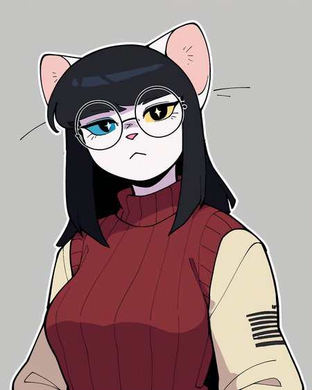 score_9_up, score_8_up, score_7_up, score_6_up, half-length portrait, cat, medium breasts, black hair, white body, heterochromia, sweater, female, round glasses, jeans, white sneakers, cat tail, looking at viewer, solo, neutral expression, three-quarter view, head tilt, simple background, white outline, <lora:Leah_Pines(AIM)_XL_v1:0.15> <lora:PDXL_artist_tags_v2_big:0.5> <lora:The-Minuscule-Task_PDXL_v1.0:0.6>  <lora:Mika_Shinohara_Sonokido:0.6>