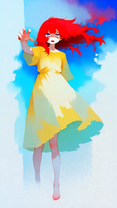 masterpiece, newest,absurdres,incredibly absurdres, best quality, amazing quality, very aesthetic,traditional media, abstract background, colorful, brush stroke, expressionist style,
1girl, solo, dynamic pose, reaching out, floating hair, intense gaze, open mouth, distressed expression, tears in eyes, long hair, red hair, tattered dress, yellow dress, barefoot, wind, abstract background, colorful, brush stroke, stormy energy, emotional, full body
 <lora:0__11Xx:0.8> 0__11Xx_illu<lora:style1_v1_Illusv2.0_1:1> stylized  <lora:edanoma_meu_style:1> edanoma_meu_illu