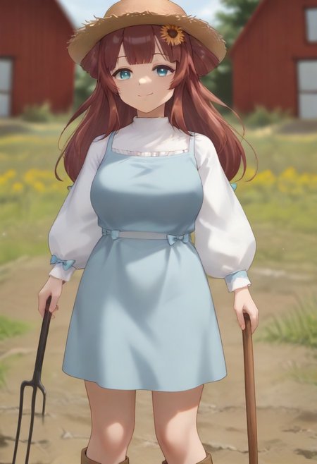 1girl, solo, solo focus, highres, absurdres, RemiSprings, hair flower, sunflower hair ornament, brown hair, long hair, bangs, blue eyes, straw hat, 
blue dress, white shirt, hair bow, blue bow, bangs, long sleeves, mature female, large breasts, 
looking at viewer, smile, closed mouth, holding pitchfork, pitchfork,
brown boots, light particles, full body, 
day, sunlight, rural, barn,
