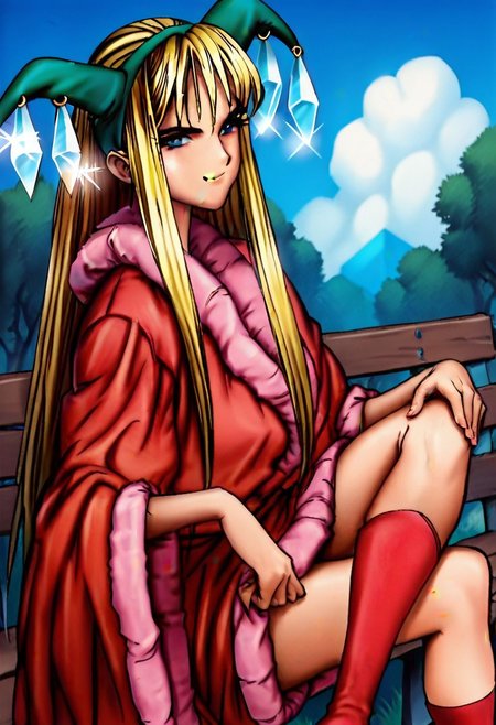 uncensored, score_9__up, score_9, score_8_up, score_8, score_7_up, score_7, score_6_up, score_6, score_5_up, source_anime, anime screencap, anime coloring, highres, Rating_explicit
smug, sitting, crossed legs, outdoors, 1girl, bench, trees, sky, clouds, sun, looking at viewer, day, forest
YGOPrincessOfTsurugi, 1girl, blonde hair, long hair, bangs, jester cap, hat, crystals, red dress, short sleeves, red boots, knee boots, legs