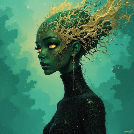 anime_martz, anime_style, anime source, paint style of James C. Christensen， Ethereal minimalist Alien race cybergoth fashion photography painting, in the style of teal and gold, use of palette knives, waist-high portrait, intricate, sharp_focus, concept_art, background zentangle fog,