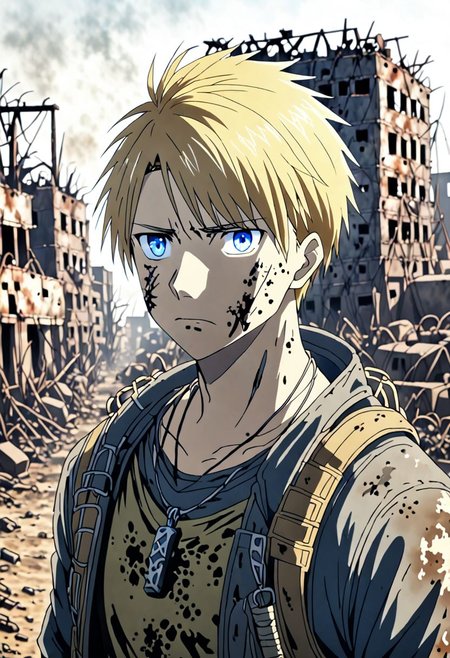 high resolution, solo, best quality, 1Boy, Yamato Ishida, Blond Hair, Blue Eyes, Necklace, shallow depth of field, Post-Apocalyptic, survival, OverallDetail