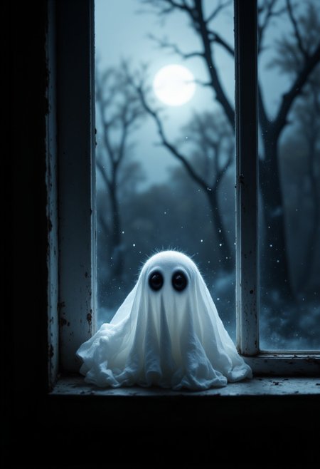 A tiny ghost plushie sitting on a windowsill, with glowing eyes and an innocent smile, surrounded by soft moonlight.
  , aidmaHalloweenBoost, aidmafluxpro1.1, aidmaimageupgrader, aidmaHyperrealism