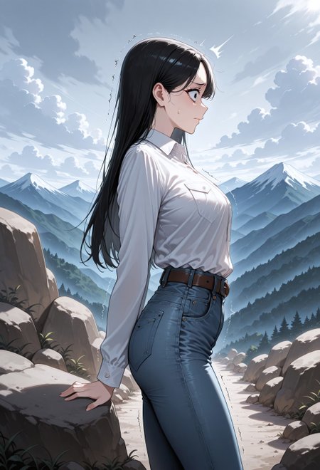 unholy-aesthetic, masterpiece, best quality, amazing quality, absurdres, 

y0sh1da,1girl, solo, black hair, long hair, black eyes, lips, medium breasts, 

White shirt, collared shirt, long sleeves, belt, denim, jeans,

scared, closed mouth, sweatdrop, shaking, standing, mountain, rock, cloudy sky, from side, profile,