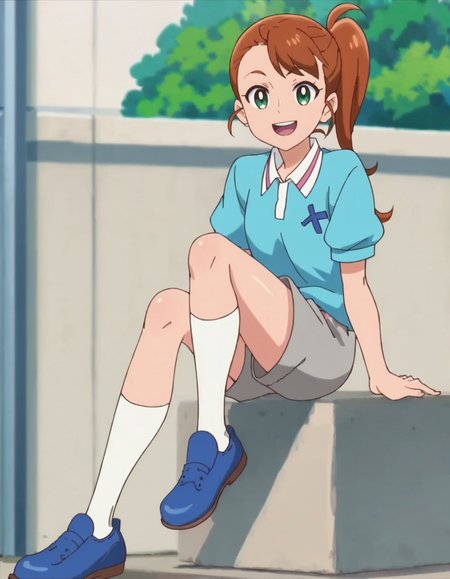 score_9, score_8_up, score_7_up, anime screencap, solo,1girl, green eyes, brown hair, open mouth, smile, shorts, side ponytail, socks, looking at viewer, shirt, blue footwear, short sleeves, shoes, blue shirt,  long hair
 <lora:natsuumiaoi:0.8>