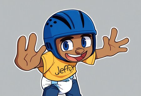 score_9, score_8_up, score_7_up, score_6_up, source_anime, grey background, simple background, digital drawing, jeffy, solo, t-shirt, blue headwear, yellow shirt, young adult, buck teeth, blue eyes, blue bicycle helmet, dark brown messy hair, pencil shoved up nose, blue crossed eyes, jeffy text on shirt, short dark blue jeans, pamper diaper on outside of pants, short dark blue jeans, smile, open mouth, 4 fingers, looking at viewer, fingers, 4 fingers, fakemrbeast, hands up, drop shadow, white outline,