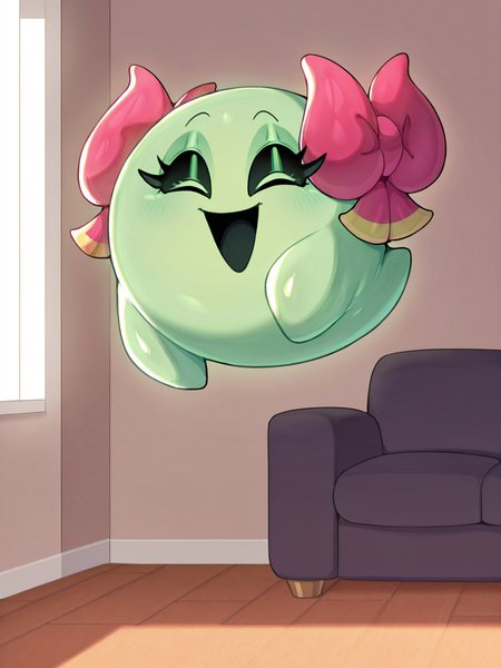 (approval, joyful ^_^ happy, , closed eyes, opened mouth, smile, floating, no humans, full body, solo), <lora:Boo:0.9>, lady bow, green skin, shiny skin, green eyes, black sclera, long eyelashes,  looking at viewer, living room,
masterpiece, best quality, good quality, newest, very awa, absurdres, highres,  feral,