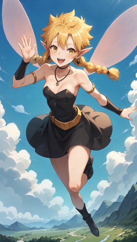 score_9,score_8_up,score_7_up,score_6_up, source_anime, zPDXL, girl, fairy, blonde hair, twin braids, yellow eyes, black dress, pink wings, gold belt, black armguards, armlets, black earrings, strapless, necklace, <lora:Wakfu_CartoonV02:0.5>, <lora:xl_more_art-full_v1:0.5>,  <lora:Ramiris - Pony-000004:0.8>, waving, flying, above clouds, in sky, blue sky, clouds, between clouds, happy, landscape far away,