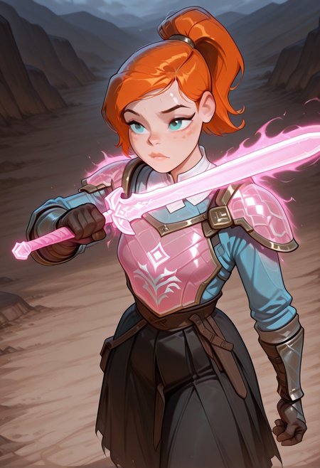 ((screencap, cartoon)) , masterpiece, best quality, amazing quality, very aesthetic, absurdres, newest,
ovgwen,  orange hair, 1girl,  freckles,, lips
ponytail, blue shirt, white collar, black skirt, long sleeves, 
pink armor, transparent armor, mage armor, magic armor, chest plate, gauntlets, protective medieval armor, fighting pose, magic sword, glowing pink sword, transparent sword, fire pink sword,