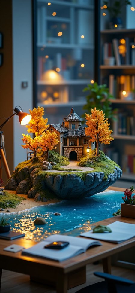 (indoor,very wide isometric view,tilt-shift lens:1.6), (windowless,miniature,miniature,diorama,miniature,diorama,PVC,plastic:2),starry night autumn ,beach,brick arch bridge,road,tunnel at (floating island,levitating  island:1.5) on (table:2) at (study:2.5)   <lora:Diorama_Flux:1>