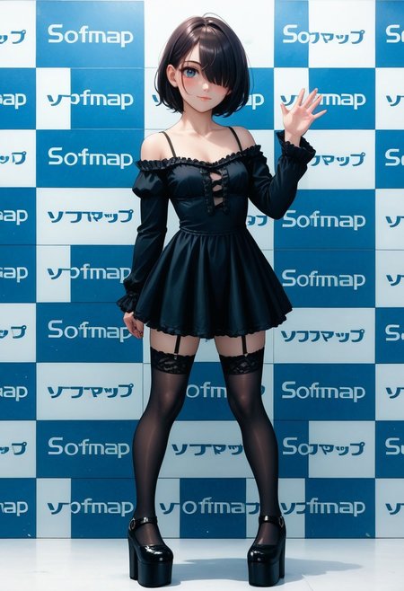 safe_pos, (score_9, score_8_up, score_7_up, highest score, best quality:1.2), zPDXL3, NEGATIVE_HANDS, detail1eye, hi-res. 8k, source_anime,  BREAK 1girl, black hair, short hair, hair over one eye, blue eyes, small breasts,  soft happy, blush, waving at viewer, posing BREAKreij-lady, black dress, lsvr sleeves, stockings, black platform shoes BREAK reinokabe, checkered wall, english text, checkered background (indoors:1.3), sharp colors, perfect hands, perfect eyes, (detailed realistic background:1.3), (high quality:1.1), (ultra detailed:1.4), <lora:pony_good_hands:0.7>, <lora:add-detail-xl:1>, <lora:xl_more_art-full_v1:0.5>