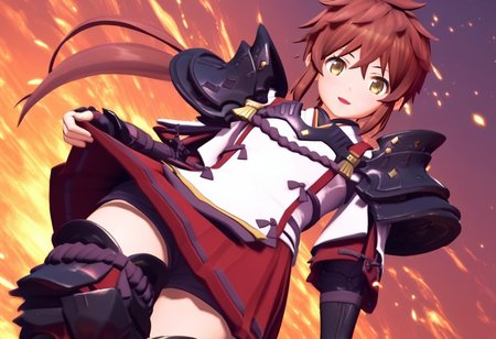 (score_9:0.9),score_8_up,score_7_up,anime style,rating_safe,(zPDXL),<lora:XB2 Lora and Haze ponyXL v1:0.86>,shoulder armor,lora_xb2,white japanese costume,fingerless gloves,red skirt,thigh boots,1girl,solo,smile,parted lips,looking at viewer,blush,open mouth,3d,game style,