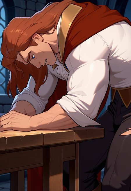masterpiece,best quality,amazing quality,very aesthetic,absurdres,newest, huge filesize, Prince_Adam_BTB, 1man male focus, solo, auburn hair, blue eyes, lean and muscular, mature, long hair, strong, tall, manly, masculine, classy, soulful eyes,  artistic,  in a very dark dungeon,  torn dark red cape fastened at the neck with a golden clasp, that covered his  body, chest up picture, sad and lonely look, torn black trousers, brooding, torn white shirt like a disney prince wear, sideview, topview, grasping at the edge of a table. bending down a bit, facing right, mouth slightly opened