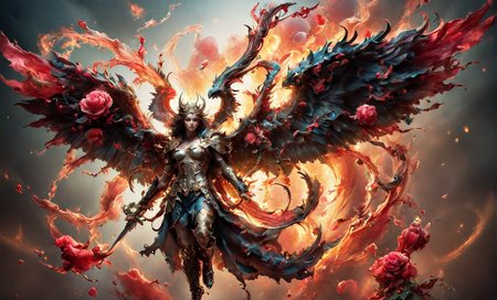 hyper realistic,full bodyshot of an majestic winged human demon,epic,masterpiece,<lora:betmd:0.9>,betmd,fantasy,roses,armor,greatsword,magical