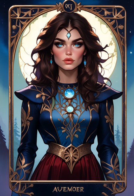 (score_9, score_8_up, score_7_up), ((zPDXL3)), ((zPDXLxxx)), (((T4R0TH, T4R0TH CARD, tarot))), ((ArsMJStyle, art nouveau)), source_nsfw, ((face focus, eye focus, dynamic angle, motion)), 1girl, fantasy, Tarot Card Style, (mystra goddess \(baldurs gate\), mystra goddess \(baldurs gate\)), breathless intimacy, textured skin, leggings, skirt, petite model bombshell, young, delicate features, narrow pointy nose, tiny nose, brown hair, medium length hair, lust, big eyes, seductive eyes, blue eyes, detailed skin, flared lashes, mascara, makeup, breasts, athletic body, narrow waist, wide hips, ((tiny waist)), ((hourglass figure)),((sexy pose)), sensual gaze, 
warm light, detailed, neon dark party
 BREAK
milky way, runes, arcane, astral, surreal, ethereal glow, masterpiece, best quality, intricate design. colorful, moonlit nightsky, moody whimsical color palette, bold soldering lines, volumetric light shining through, crepuscular rays, intricate craftsmanship, detailed texture, luminous transparency, reflective light play, vivid hues, atmospheric depth, enchanting silhouette, art nouveau,