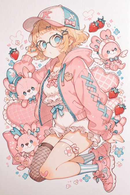 1girl,solo,blonde hair,blue eyes,socks,hood,asymmetrical legwear,hat,food,bandaid,pillow,shorts,glasses,fishnets,striped clothes,short hair,bow,hood down,stuffed toy,fruit,looking at viewer,white background,baseball cap,stuffed animal,shoes,mismatched legwear,heart,hoodie,striped socks,long sleeves,frills,stuffed rabbit,full body,hair ornament,thighhighs,jacket,strawberry,traditional media,
<lora:Uekura Eku_illustriousXL:1.5>,