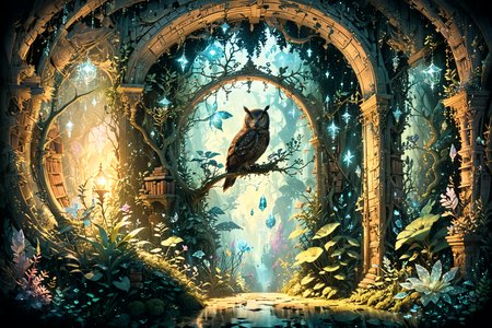 An ancient library hidden within an enchanted forest, illuminated by bioluminescent plants and floating crystals, as seen through the eyes of a curious owl at twilight. <lora:Lost_In_Dreams:0.7> <lora:xl_more_art-full_v1:0.6>, (masterpiece:1.2), best quality, (hyperdetailed, highest detailed:1.2), high resolution textures