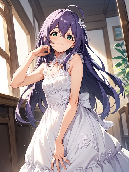 score_9,score_8_up,score_7_up,
official art,official style,game cg,megami magazine,
uncensored,
1girl,solo,
mochizuki anna,purple hair,green eyes,ahoge,long hair,
dress,white dress,sleeveless dress,
<lora:idolmaster_mochizuki_anna_pony_v1.1-000006:1>,