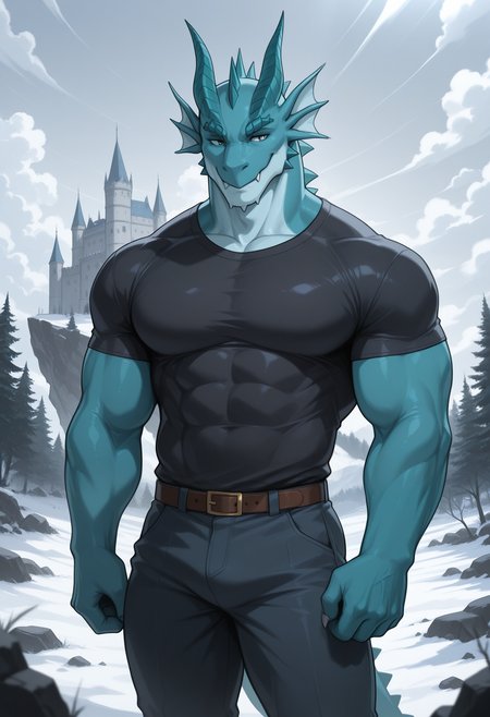 masterpiece,best quality,amazing quality, 1boy, solo, t1m43us, dragon, bara, muscular male, shirt, pants, castle,