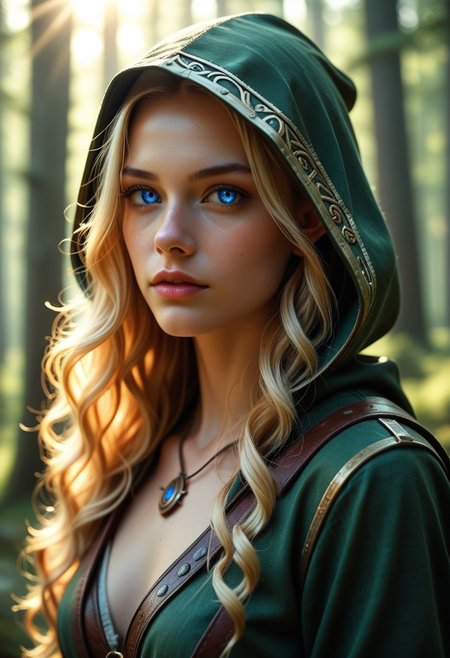 masterpiece, best quality, highres, realistic,)) 
score_9, score_8_up, score_7_up, 
A female warrior elf, pointed ears, hood on her head, sword on her back. The warrior elf stands in a sunlit forest clearing, detailed background, trees visible, sun visible, detailed face, detailed eyes, long blond wavy hair,
