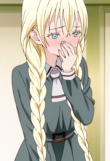 best quality, masterpiece, anime screencap, anime coloring, ultra detailed, source_anime, intricate details, perfect anatomy, 
olivia, 1girl, solo, long hair, blonde hair, blue eyes, bangs, braid, twin braids, blue eyes, blush, covering mouth, hand over own mouth, 
dress, belt, grey dress, ties, short ties, collars, long sleeves, school uniform,