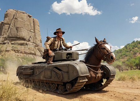 <lora:Churchill_Tank_SDXL_v2:0.7> 
<lora:Web_Cartoon:1>
cinematic movie scene where indiana jones is riding his horse next to a tank chrchltnk