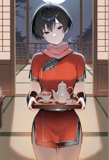 1girl, short hair, black hair, black eyes, scarf, chinese clothes, short sleeves, bridal gauntlets, indoors, tatami, holding tray, light smile, tea cup, teapot, head tilt, night, moonlight,   <lora:Kasumi_illus:1>, masterpiece, best quality, amazing quality, very aesthetic, absurdres, highres, newest