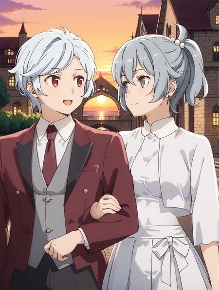 score_9,score_8_up,score_7_up,masterpiece, best quality, <lora:WHM 0.2v:0.5>, WHM, 2D,anime,  
red eyes male and grey eyes  female, 
<lora:Locked_Arms:1>, locked arms, looking at another,
medieval town ,  fantasy,dungeon ni deai wo motomeru no wa machigatteiru darou ka style,  
outdoors, street, church background,sunset,lake,
BREAK
 looking at another,upper body,arm down,locked arms,
outdoors, street, church background,sunset,lake,
<lora:bell01:0.7>, bell01, 
<lora:Bell_Cranel_r2:0.1> belcranel,
 shirt, red eyes, white hair, red necktie, formal,black pants, red Tuxedo,open mouth, happy,
grey inner vest, suit,,lake,
BREAK
 looking at another,upper body, locked arms,
outdoors, street, church background,sunset,
<lora:DanMachi_SyrFlovaXL:0.7>  short hair, short ponytail, grey hair, grey eyes, hair between eyes, hair bobbles, earrings, SyrDate, cropped jacket, white jacket, collared shirt, (white shirt), long sleeves, bow skirt, pleated skirt, white skirt, white bow , thigh gap, shoes, light smile, navel covered,Waist-covering,