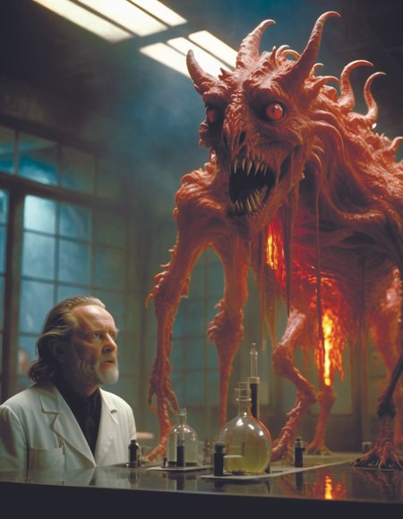 bizarre whimsical uncanny bestiary of repressed unconscious emotional monsters and creatures in a fiery alchemicla lab <lora:fx-monsters-xl-meatsack:0.8> by Director Ridley Scott style <lora:Director Ridley Scott style:0.7>