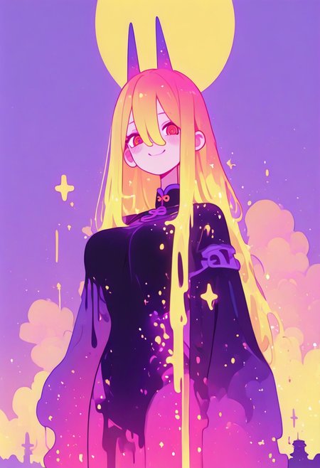 masterpiece, best quality, newest, absurdres, highres, traditional media, rapirehd, red eyes, red hair, long hair, bangs, , looking at viewer, cute, smiling, shy expression, (masterpiece, best quality, official art), (1 girl), colorful, large breasts, (vibrant background), shadows, sfw, portrait, 18 year old, adult,power \(chainsaw man\), long hair, horns, red eyes, ringed eyes, upturned eyes,wabi sabi, holographic skin, holofoil glitter, faint, glowing, ethereal, neon blonde hair, glowing hair, long hair, looking at viewer, relaxing, sci-fi,  ong bioluminescent glowing hair, bangs, medium perky breasts, (body covered in paint splashes:1.3, dripping paint, body covered in paint:1.3, bodypaint, excessive paint:1.5, submerged in paint, flying paint splashes), cowboy shot, perfect body, adult, athletic, perfect body, (slim), 
very awa, masterpiece, highres, absurdres,
<lora:NOOB_vp1_detailer_by_volnovik_v1:0.3>, <lora:noobai_ep11_stabilizer_v0.138_fp16:0.3>, <lora:ponyv6_noobV1_2_adamW:0.3>, <lora:mon_monmon2133:0.6>,  <lora:XXX477:0.5>,  <lora:96YOTTEA-WAI:0.5>, <lora:a31_style_koni:0.5>, <lora:ag31_style_ba_v1:0.8>,  <lora:haiz_ai_illu:0.5>, portrait,The background is of a japanese castle, full moon, laterns, japanese garden.
 <lora:murata_ill_v2:1>
onlight, clouds