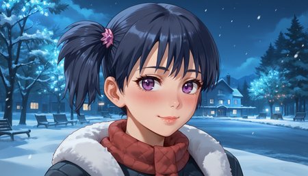 16k, 8k, 4k,
score_9, score_8_up, score_7_up, source_anime, flat anime,
best quality, masterpiece, ultra detailed,
<lora:Expressive_H:1>, light smile, (blush:1.3), closed mouth, lips, nose, 
looking at viewer, portrait, upperbody,
<lora:Everlasting_Summer_Alena_By_GraffMetal:0.8>, alena, short hair, black hair, blue hair, hair ornament, short twintails, side ponytail, purple eyes,
winter outfit,
amazing background, winter, night, snow, snowing, warm light,