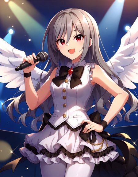score_9,score_8_up,score_7_up,1girl,solo,cowboy shot,looking at viewer,smile,open mouth,holding microphone,stage lights,
<lora:kanzakiranko_ponyXLV6:0.8>,cgkrk,
grey hair,long hair,hair between eyes,red eyes,
white wings,black bow,white vest,frilled vest,frilled skirt,white leggings