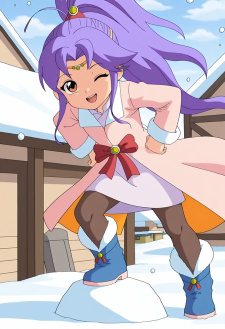 <lora:åå¥éª1:1>,
axue1,1girl,solo,long hair,bow,brown eyes,coat,full body,ponytail,purple hair,ahoge,pantyhose,sidelocks,boots,fur trim,high ponytail,blue footwear,village,snow,snowing,foot on the stone,looking_at_viewer,hands_on_hips,;d,, masterpiece,best quality,amazing quality,anime coloring,anime screencap