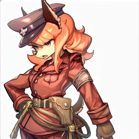 score_9,score_8,score_7,source_furry,
<solo:1.5>,
<1girl:1.5>,
flam_kish, dog girl, flam_fuga, red hair, 
official style, official art,
( art by kurokoshou (emuburemu123) ) ,,
flam_kish_fuga, flam_kish, flam_fuga, dog girl, official art, official style, 1girl, solo, hat, hand on hip, gloves, uniform, horns, belt, furry, long hair, white background, military, gun, military uniform, pouch, furry female, open mouth, simple background, buttons, military hat, armband, long sleeves, weapon, orange hair, peaked cap, animal ears,
 <lora:Flam_Kish_Fuga:1> flam_kish