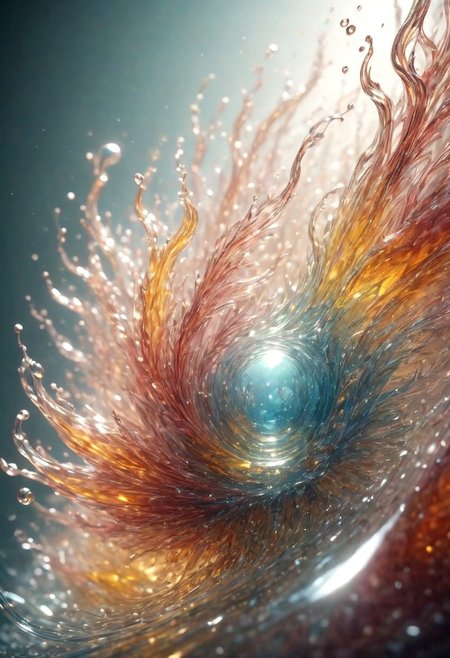 An abstract shape, amazingly fluid, made of glass, detailed, 3d fractals, light particles, water drops, shimmering light, surreal, ink, smooth, shimmering, glow, cinematice contrast, Glow, 
16k