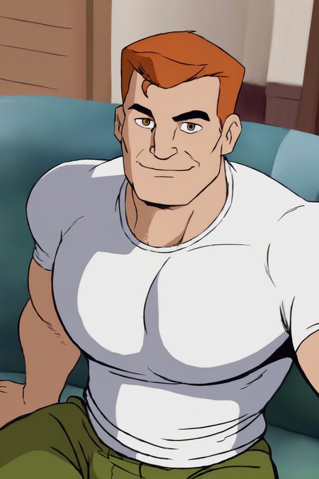masterpiece, best quality, highres, newest, eddiebrock, 1boy, solo, male focus, mature male, short hair, orange hair, brown eyes, thick eyebrows, muscular male, white t-shirt, short sleeves, green pants, looking at viewer, sitting, on couch, cowboy shot, smile, indoors, living room <lora:Venom (Eddie Brock) Spider-Man TAS v1.2 [LoRA] - NoobAI-XL EPS 1.0:0.8>