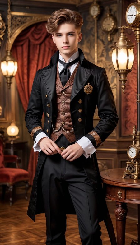 masterpiece, 21yo male, steampunk victorian, <lora:sdxl_lightning_8step_lora:1>