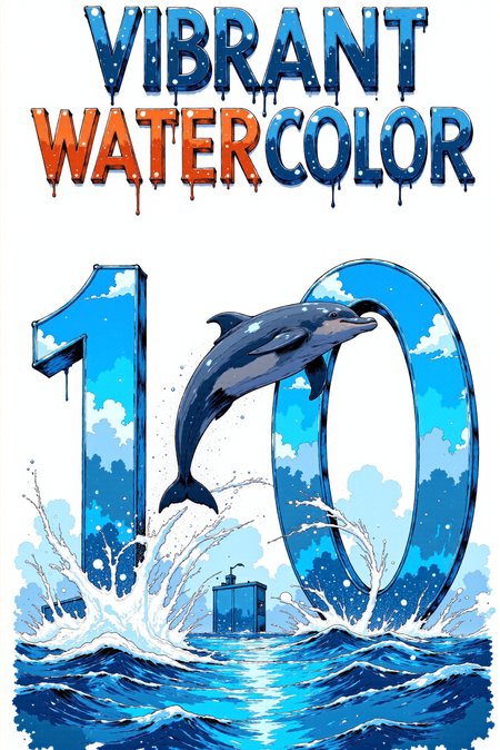 A shiny reflective chrome (text says "VIBRANT WATERCOLOR":1.2) and (digit "1.0":0.6), sparkling drops of water flow down the digits, floating mid-air above a stunning (open sea sunset, far from coast). Vibrant colors graffiti sleek style. (A large dolphin easily and elegantly jumps through the middle of digit "0") towards the viewer as through a hoop, captured mid-jump flying through, a trail of shiny splashes and droplets follows him.