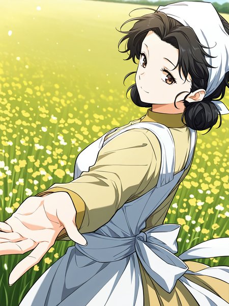 <lora:Emily__The_Greatest_Estate_Designer__Illustrious:1>
1 girl, solo, brown eyes, black hair, hair bun, double bun, short hair, bangs,
shirt, yellow shirt, white apron, head scarf, long sleeves, 
score_9, score_8_up, score_7_up, very aesthetic, source_anime, detailed, high quality, beautiful, masterpiece, detailed eyes, field, blurry background, pose dynamic angle, upper body, cowboy shot, light smile, looking back, reaching out, floating hair