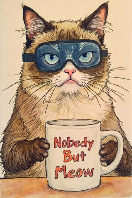 shippengreen1 illustration.
Grumpy Cat holding a coffee mug, wearing a VR Headset. The mug has the phrase "NobodyButMeow" printed
 <lora:shippengreen1_cap_d6a3:1.0><lora:837362243244054613:0>