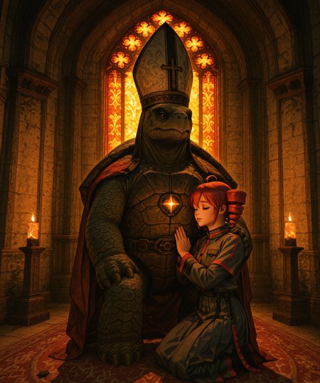 (kingpin, realistic, masterpiece, best quality, amazing quality, very aesthetic, absurdres, newest:1.4), sfw, solo, 1girl, (kasane teto as turtle pope:1.3), anthropomorphic turtle with red twintail twindrill hairstyle, red eyes, turtle shell with ornate patterns, praying pose, hands together in front of chest, serene and reverent expression, kneeling or standing in holy posture, eyes gently closed or gazing upward with grace, glowing divine light rays, ambient spiritual warmth, ancient chapel or ruined cathedral, mossy stone walls, ivy, shattered stained glass, floating magical particles, cinematic holy atmosphere, elaborate robes draped over shell, sacred and majestic presence, highly detailed texture on skin and shell, soft volumetric lighting, focused composition, 3d rendering, <lora:dmd2_sdxl_4step_lora:1>, <lora:Kingpin_-_Life_of_Crime_Style_E17_DIM16_ILXL_V1.2:1>, <lora:turtle_pope_r1:1>