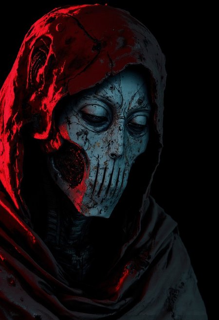A close-up of a desolate robotic soldier half face covered in shadow, his war-torn face frozen in a moment of wehmütige silence. His metal mask is cracked and corroded, its once-pristine surface now worn down by time and battle. One eye glows faintly, flickering with the last remnants of power, while the other is shattered, leaking thin arcs of electricity into the cold air. A deep scar runs across his synthetic cheek, remnants of past conflicts etched into his very being.
His breathless form is framed by the tattered remnants of his cloak, its edges frayed and interwoven with shattered circuits, barely clinging to his massive frame. The ambient glow of distant fires and glitching city lights cast deep shadows across his features, contrasting sharply with bleached red highlights that illuminate the battle-worn edges of his armor. Digital distortion lingers in the air, fractured echoes of long-lost comrades whispering through the static.
The camera lingers close—tight framing accentuates the details of his ruined form, the depth of his silent sorrow. Every tiny dent, every broken wire, every flickering light tells the story of a warrior who has outlived his war, kneeling in a moment of quiet, haunting reflection.