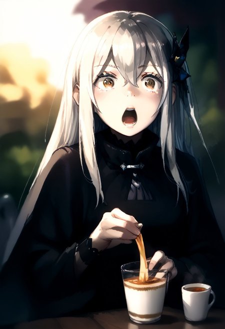 score_9, score_8_up, score_7_up, 1girl, echidna, FireBreath, drinking tea, shocked